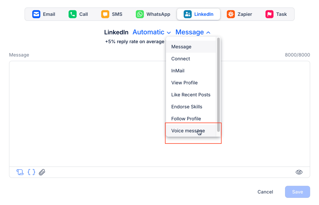 Add the LinkedIn voice message step