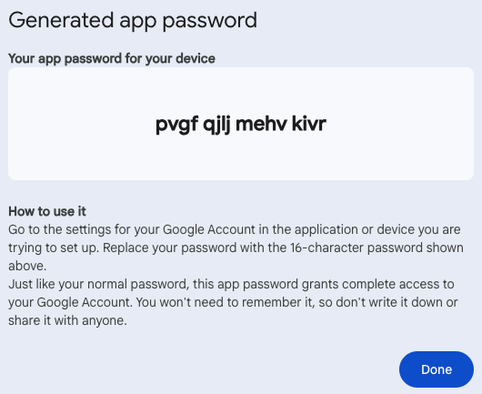 After clicking Create, your new password will look like this