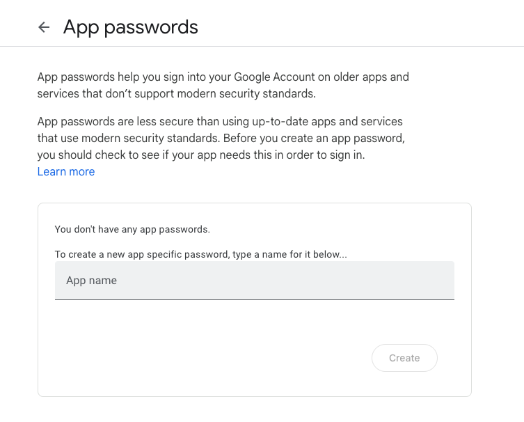 Create App Password when adjusting smtp settings for gmail