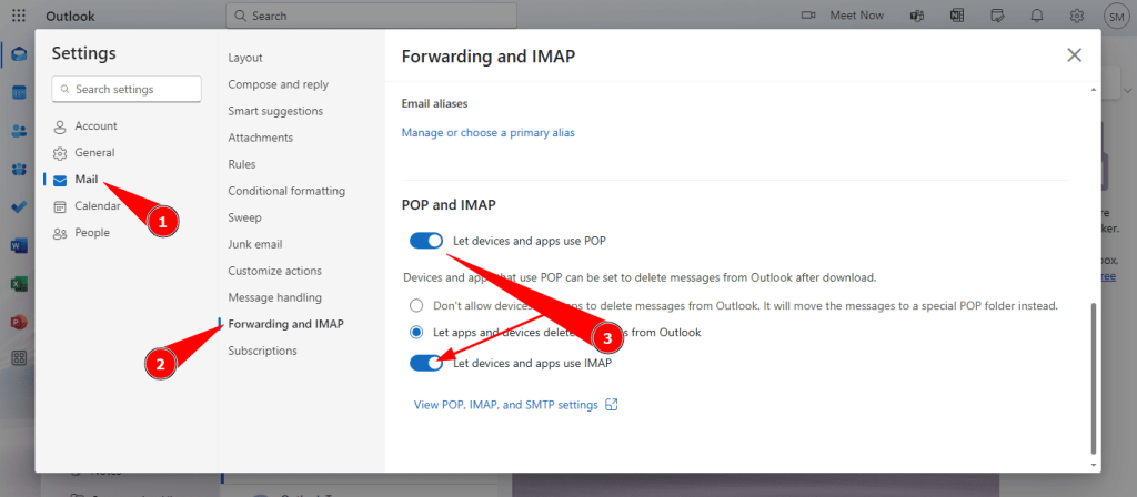 Enable POP and IMAP access in Outlook settings