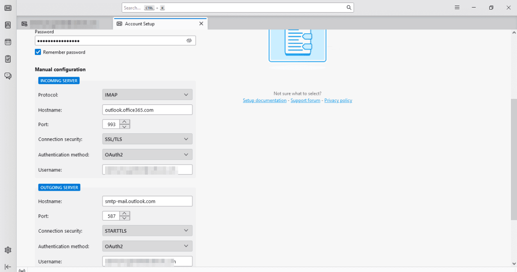 Enter the Outlook SMTP and IMAPPOP3 settings