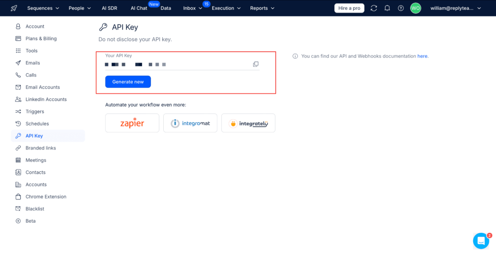 Now, switch to Reply.io, go to Settings API Key, and copy your API Key.