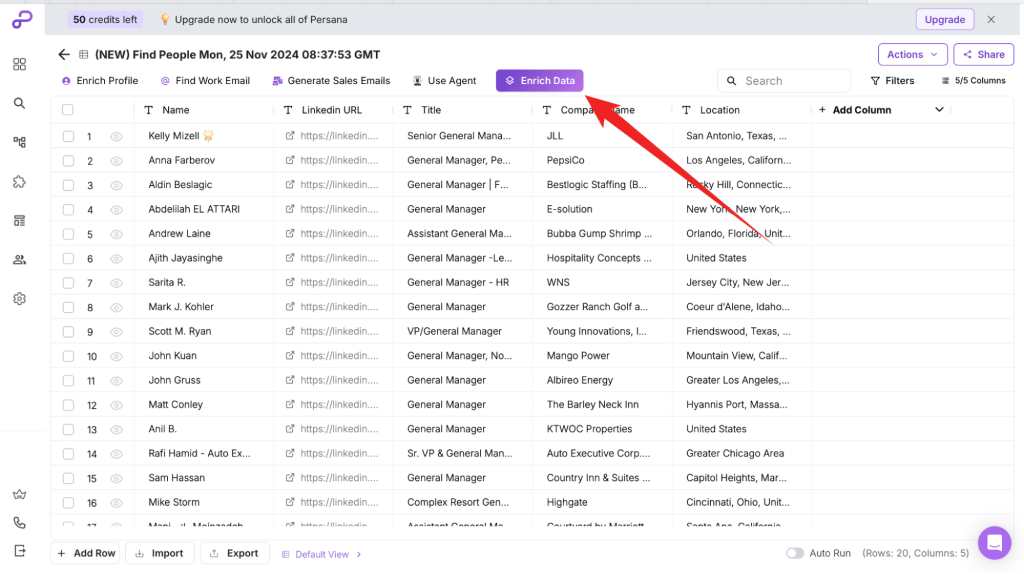 Once your search is complete and filters are applied, hit Enrich Data and look for Reply.io.