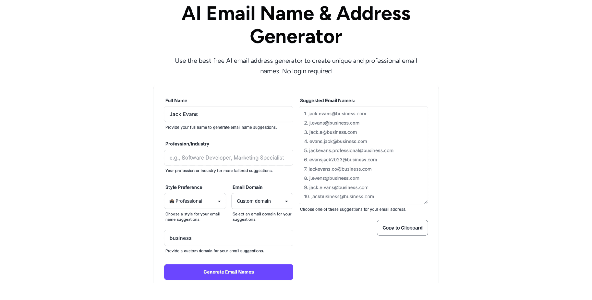 professional email address ideas from AI email name generator